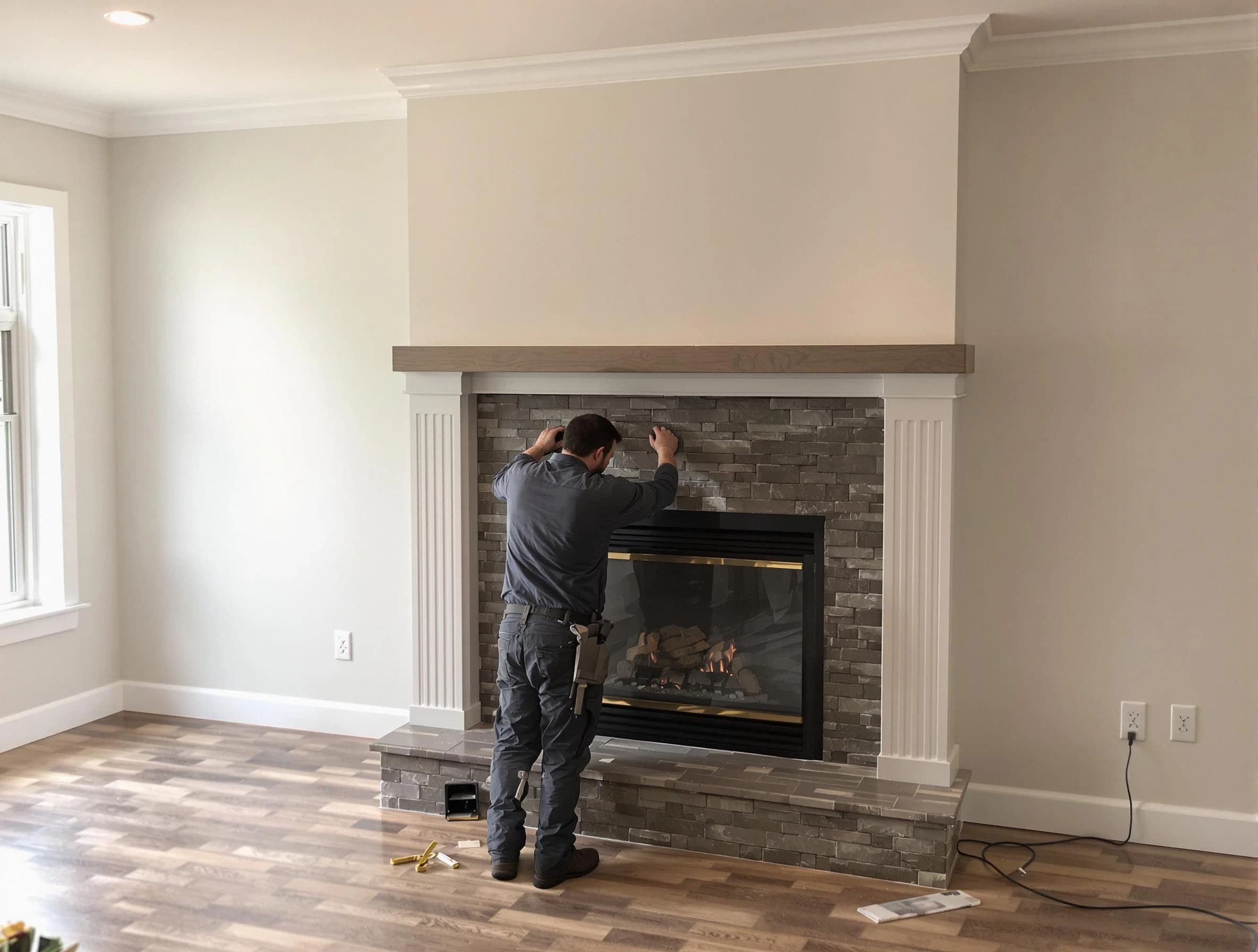 Manalapan Chimney Sweep finishing a custom fireplace install in Manalapan, NJ